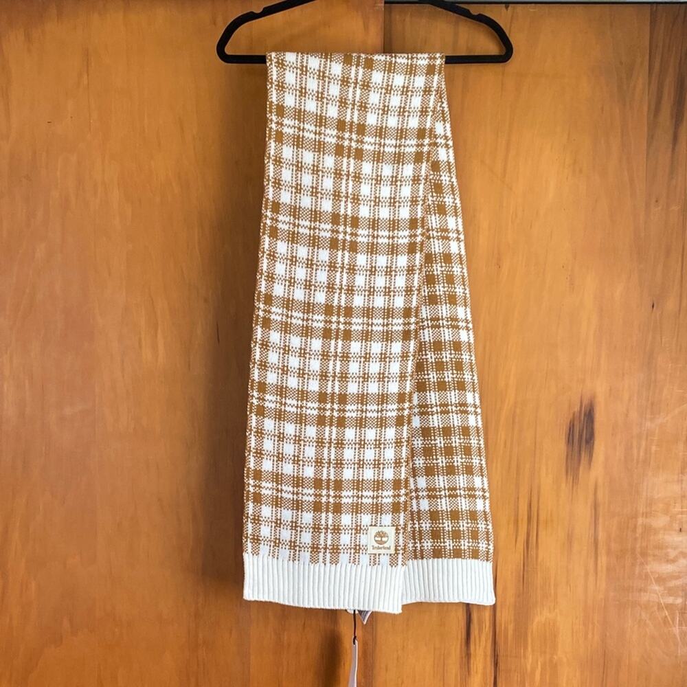 NWT Timberland Camel Ivory Plaid Knit Scarf 68” Streetwear Outdoor Mountain Ski